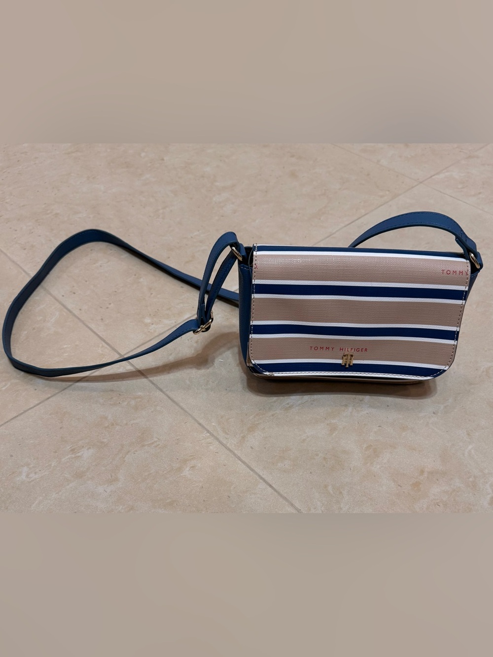 Tommy Hilfiger Blue and Cream Striped Crossbody Bag